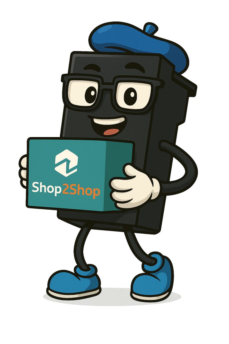 Shop2Shop Mascotte souriante portant un béret, tenant un colis avec le logo Shop2Shop.