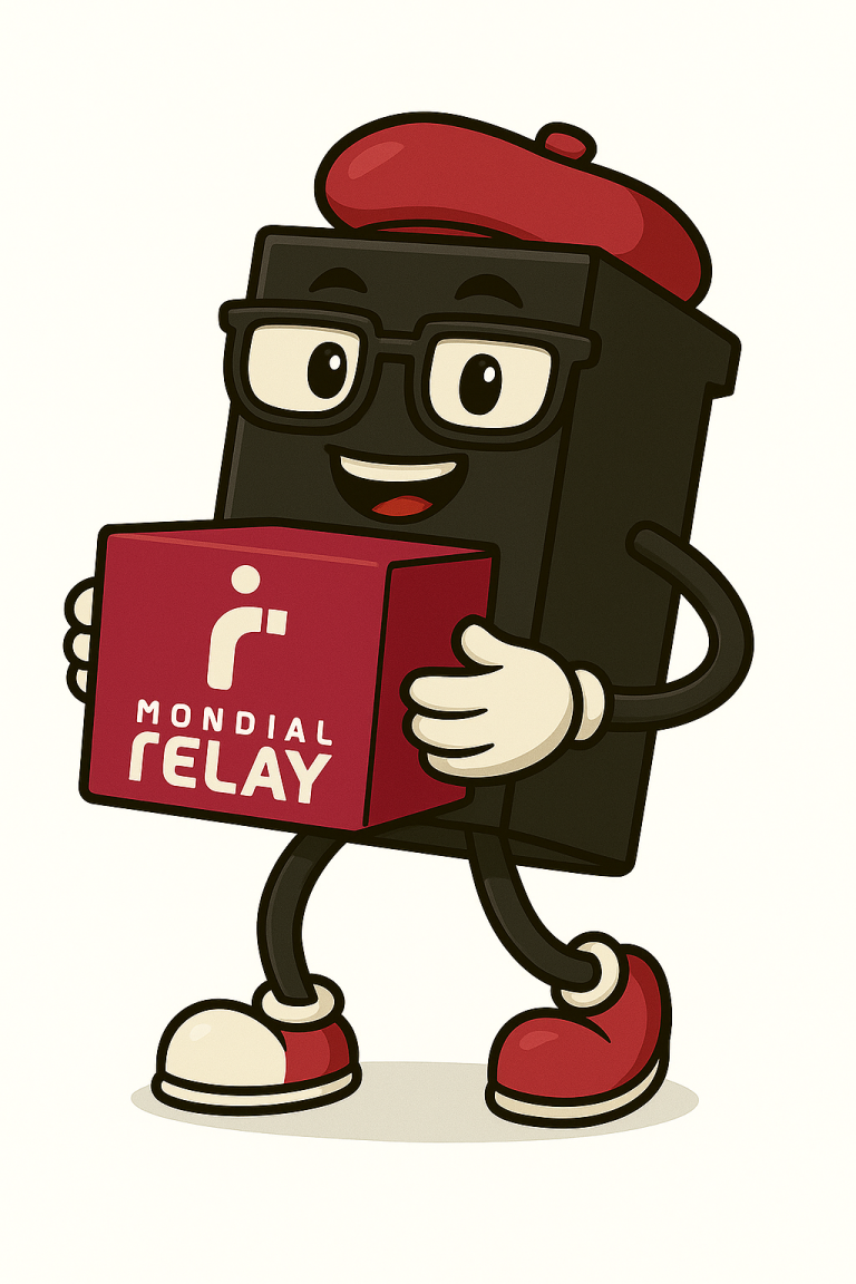 Mondial relay Mascotte souriante de Mondial Relay portant un carton, avec des lunettes et un béret.