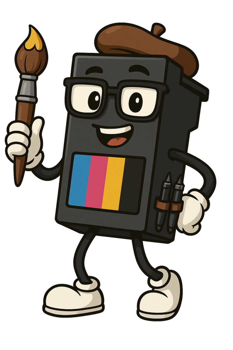 Mascotte souriante Mascotte souriante, habillée comme un cubo avec une pinceau, portant des lunettes.