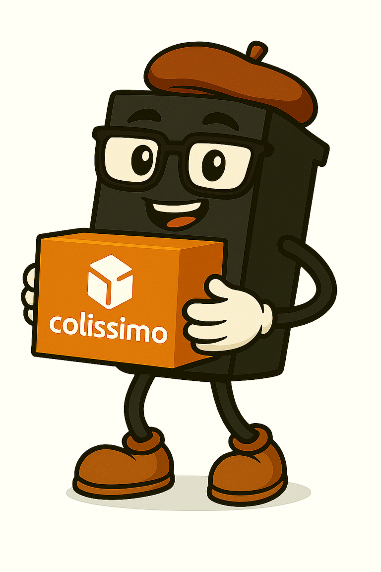 Colissimo Personnage animé souriant avec des lunettes, portant un colis Colissimo.